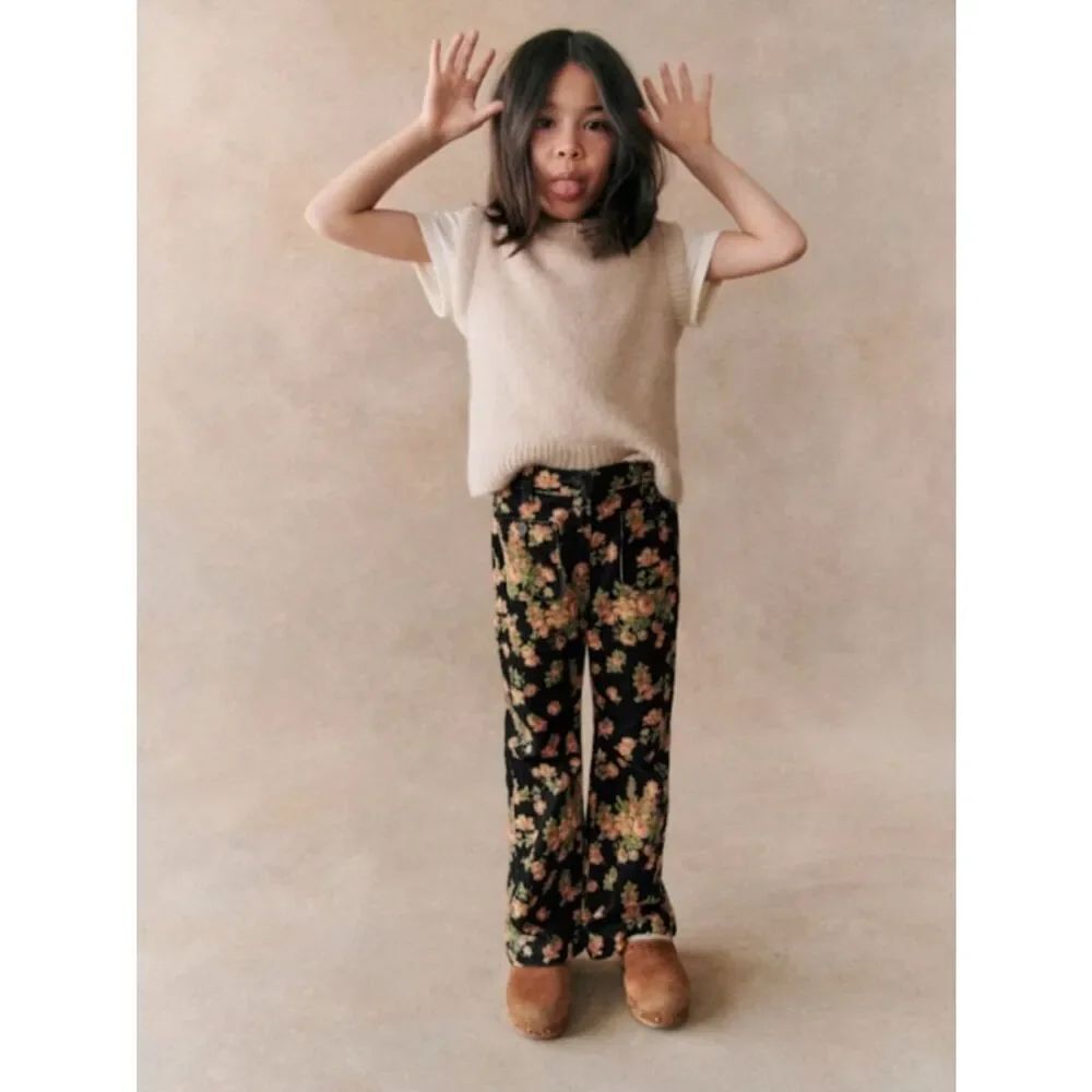 Petit Sezane Girls Le 70's trousers in Grand Bouquet Black Pink Roses Size 10